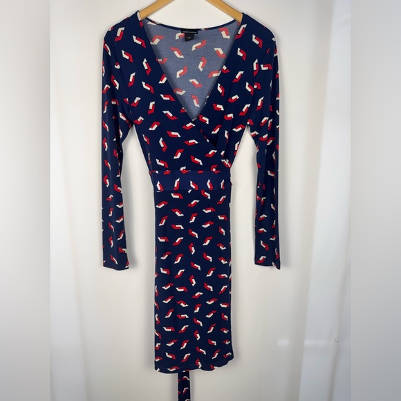 Moda International Navy Blue Wrap Dress with Red and White Pattern 4 - Picture 2 of 9
